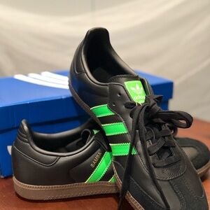 Adidas Originals Sambas Black Leather with Neon (glow)Green Stripes